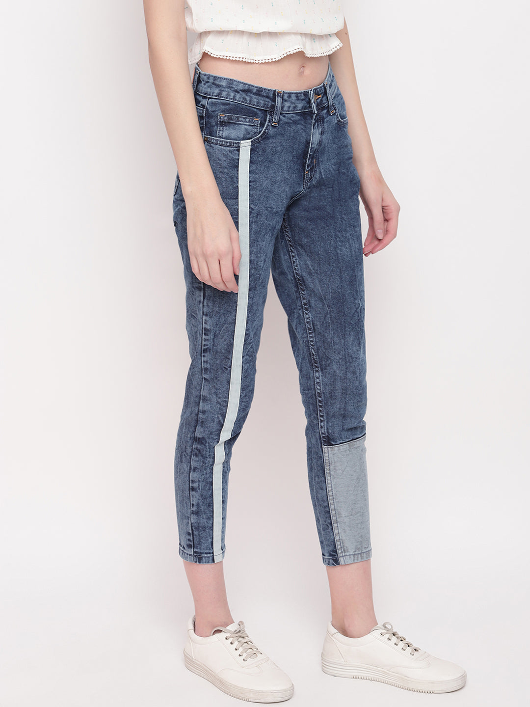 Women Asymmetrical Denim Slim Fit Side Tape Details Jeans
