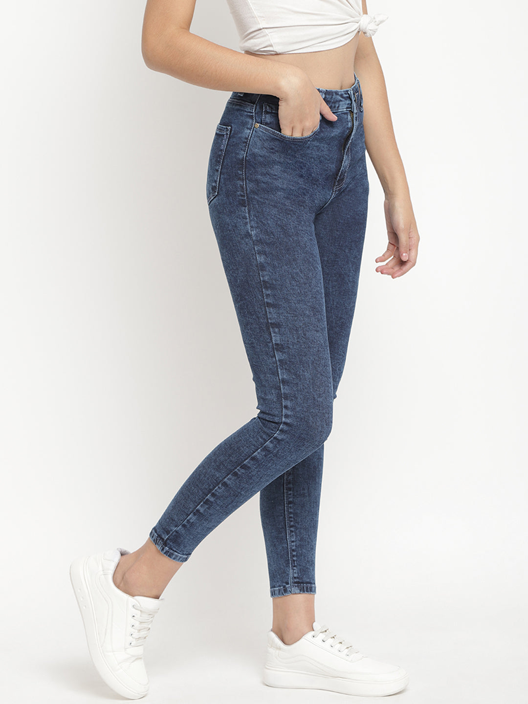 Women High Waist Mid Blue Super Skinny Denim Jeans