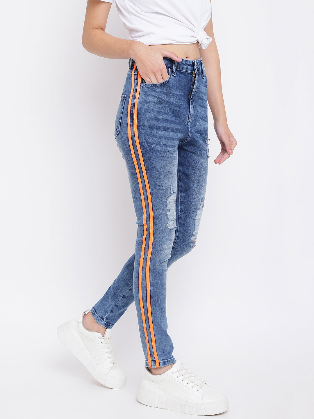 Distressed Side Tape Skinny Jeans