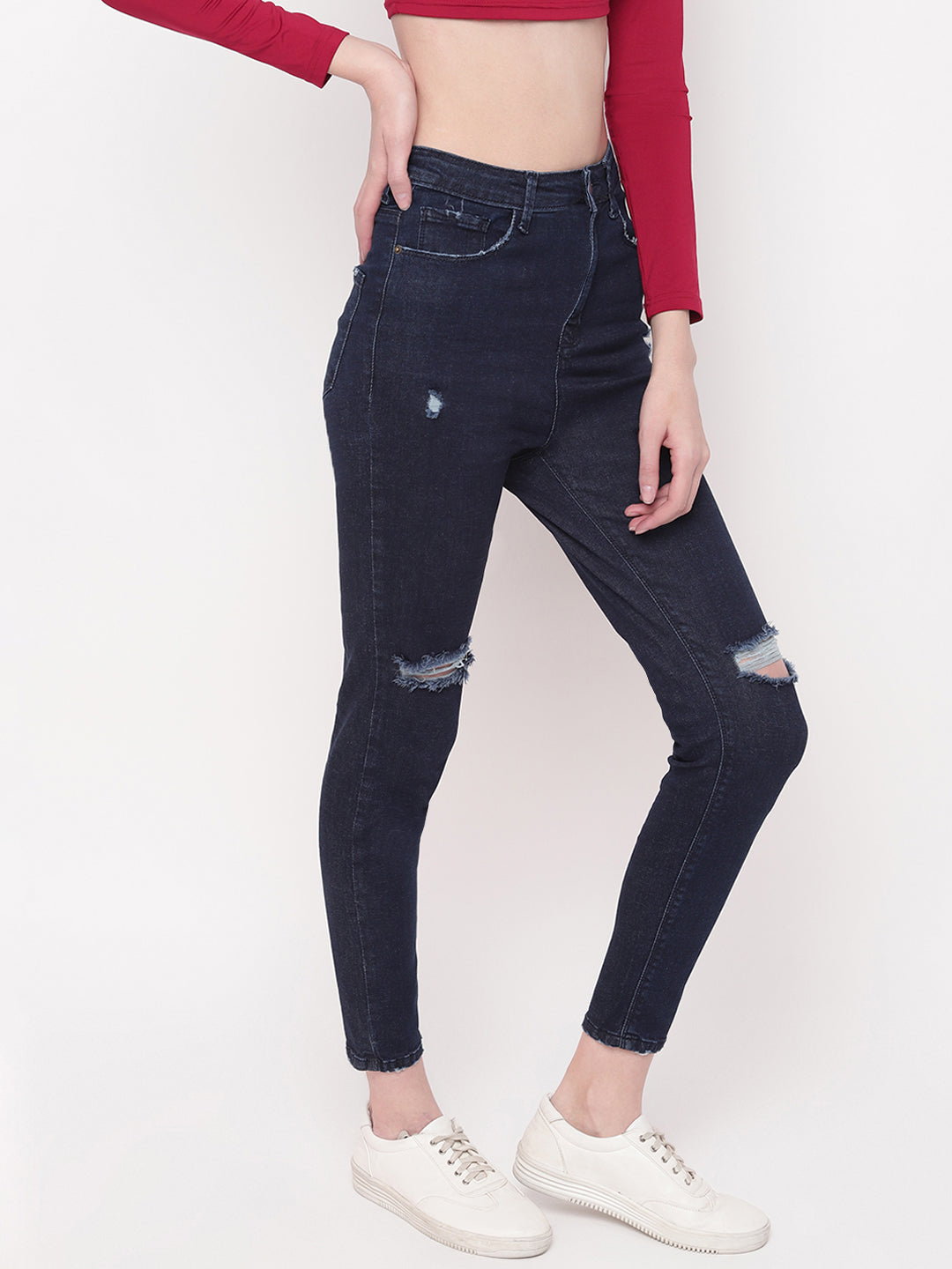 Women Super High Waist Skinny Fit Dark Blue Side Tape Denim Jeans