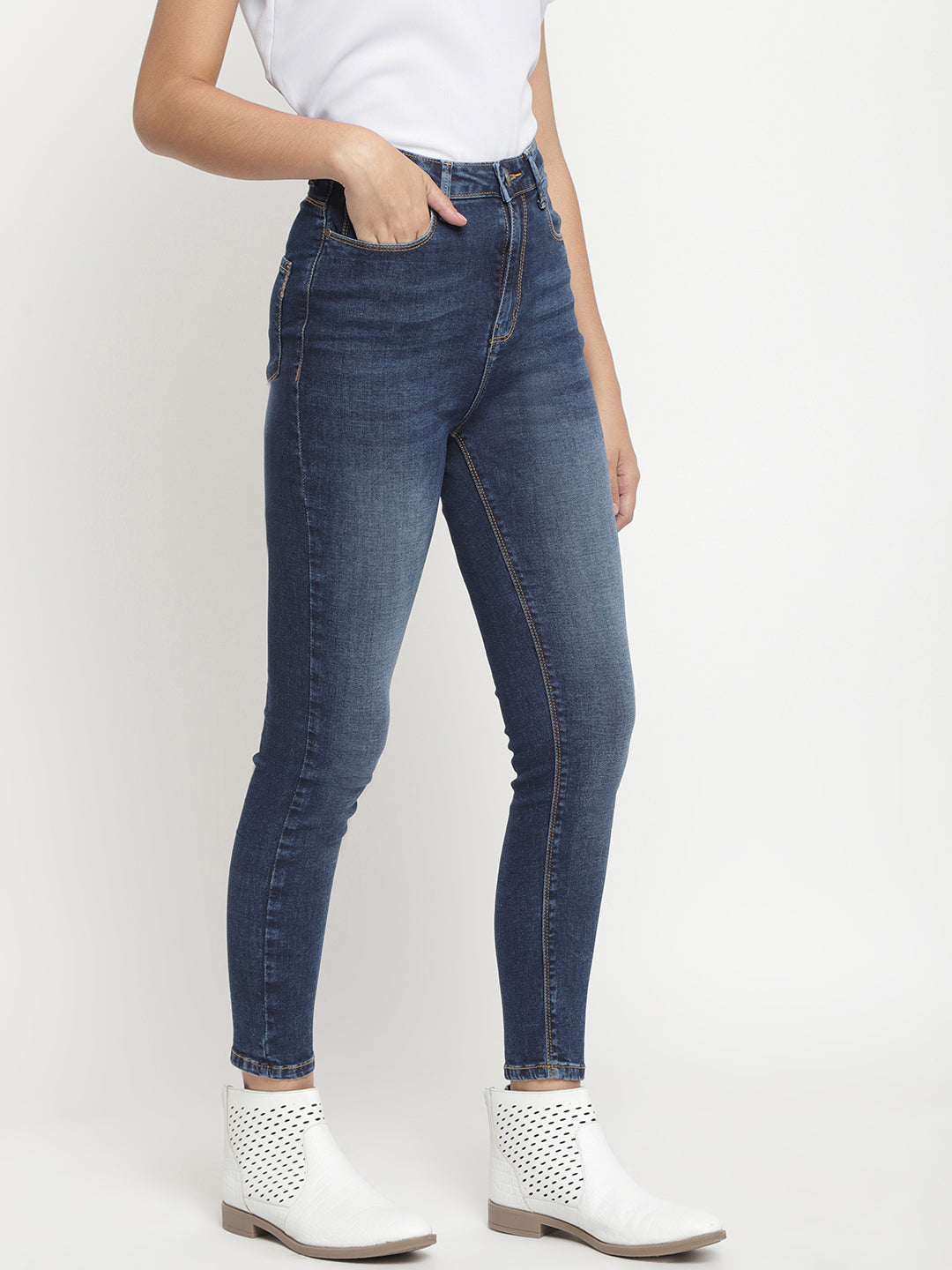 Women Super High Waist Dark Blue Whisker/Pp Spray Super Skinny Denim Jeans