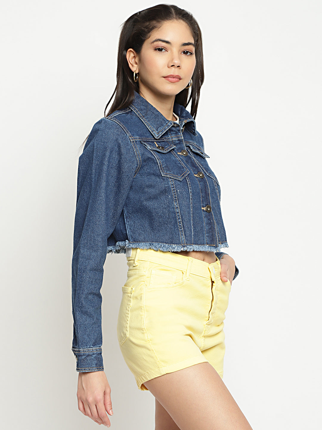 Women Mid Blue Cropped Denim Jacket With Frey Hem