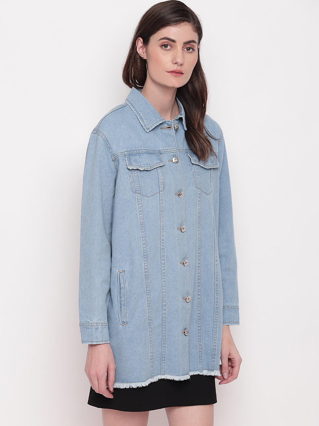 Women Light Blue Long Denim Jacket