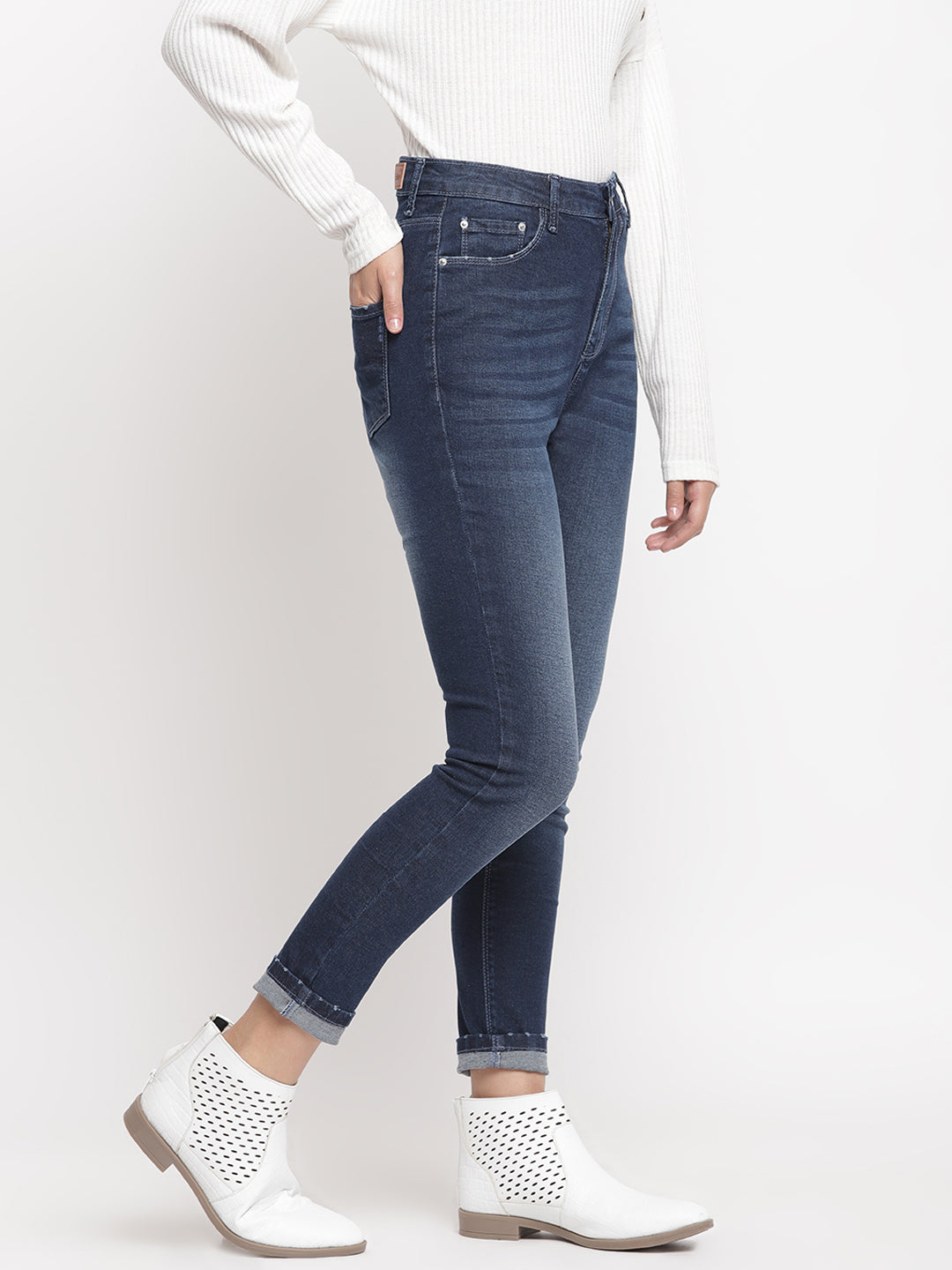 Women High Waist Dark Blue Whisker Slim Fit Denim Jeans