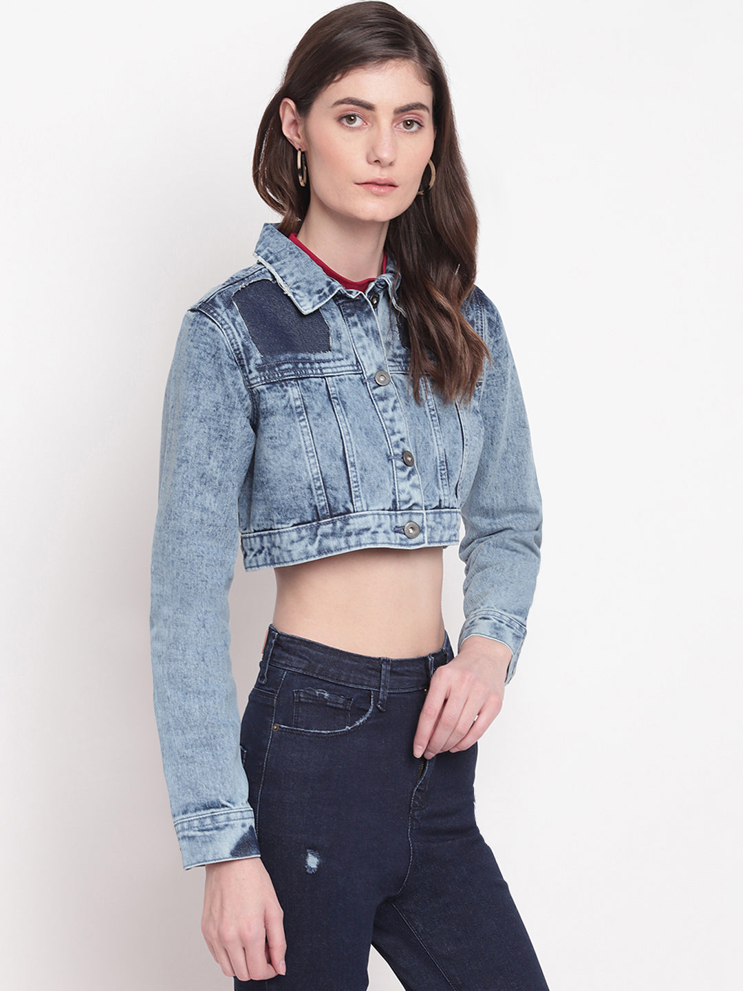 Women Mid Blue Cropped Patched Denim Jacket
