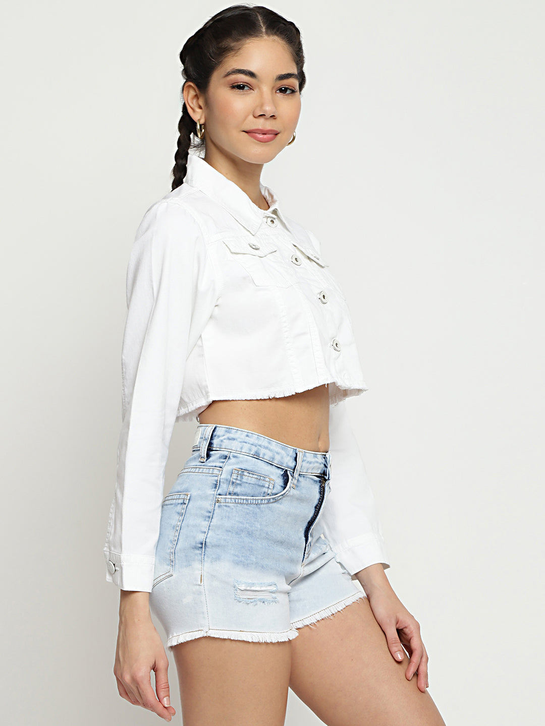 Women White Cropped Denim Jacket With Frey Hem