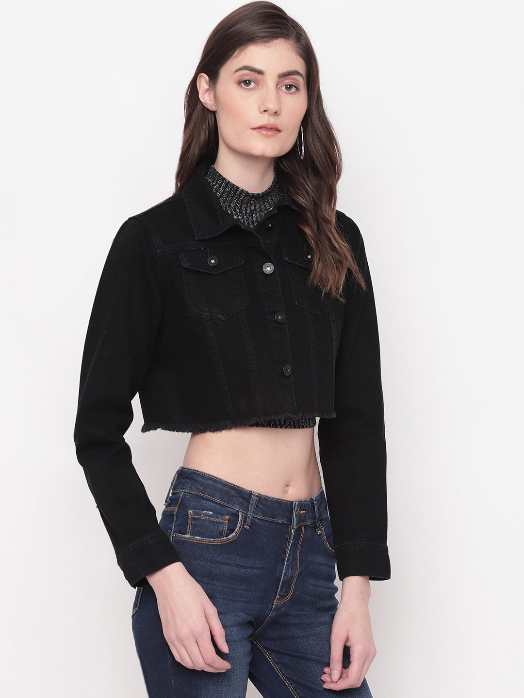 Women Cropped Black Denim Jacket With Frey Hem