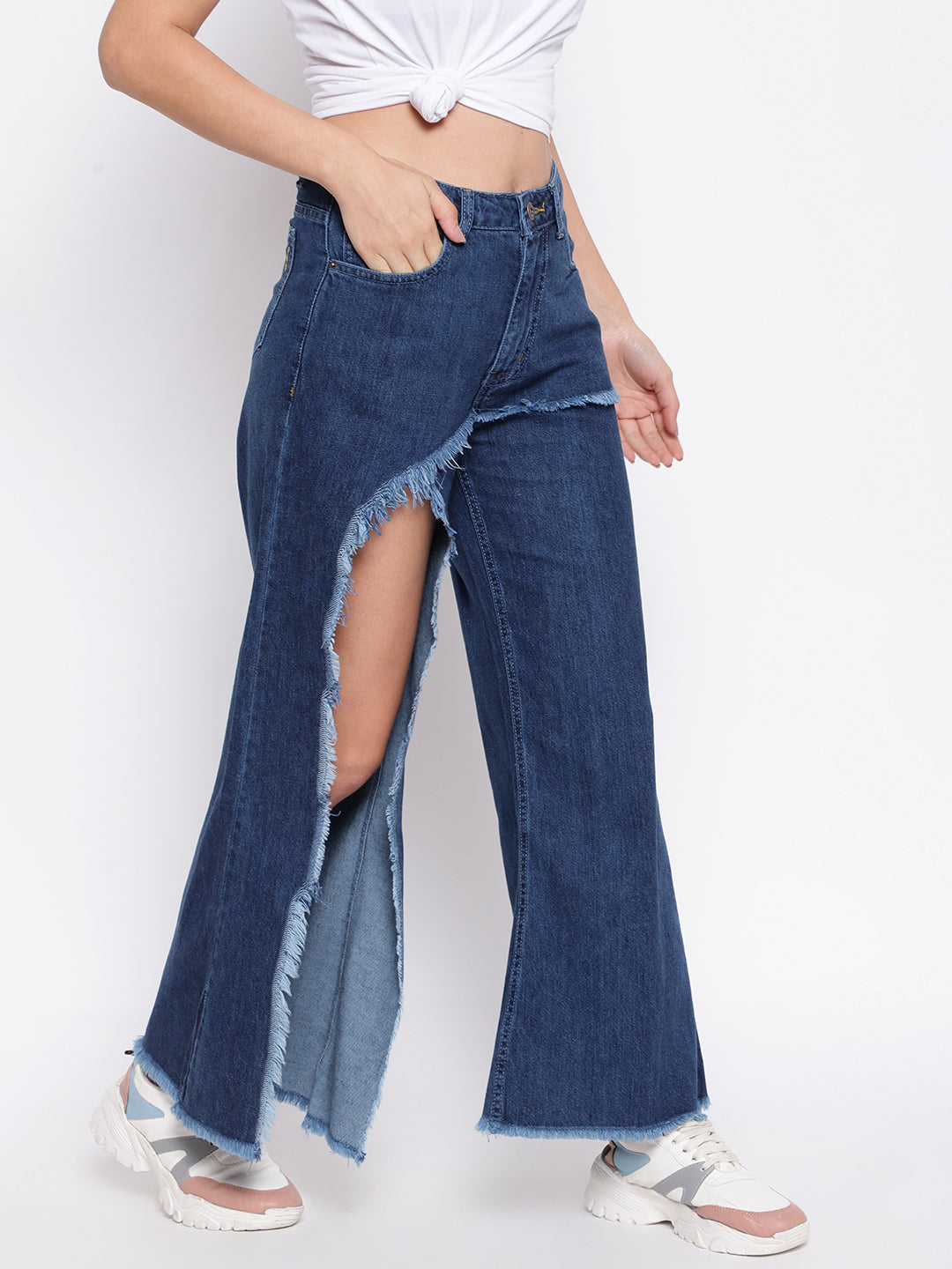Asymmetric Front Slit Flared Jeans