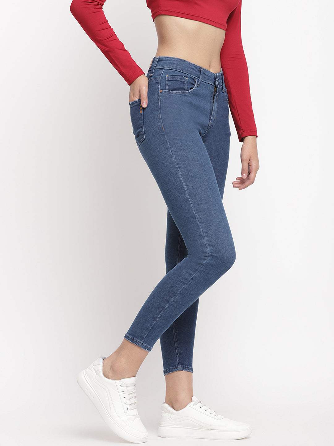 Women Mid Waist Mid Blue Super Skinny Jeans