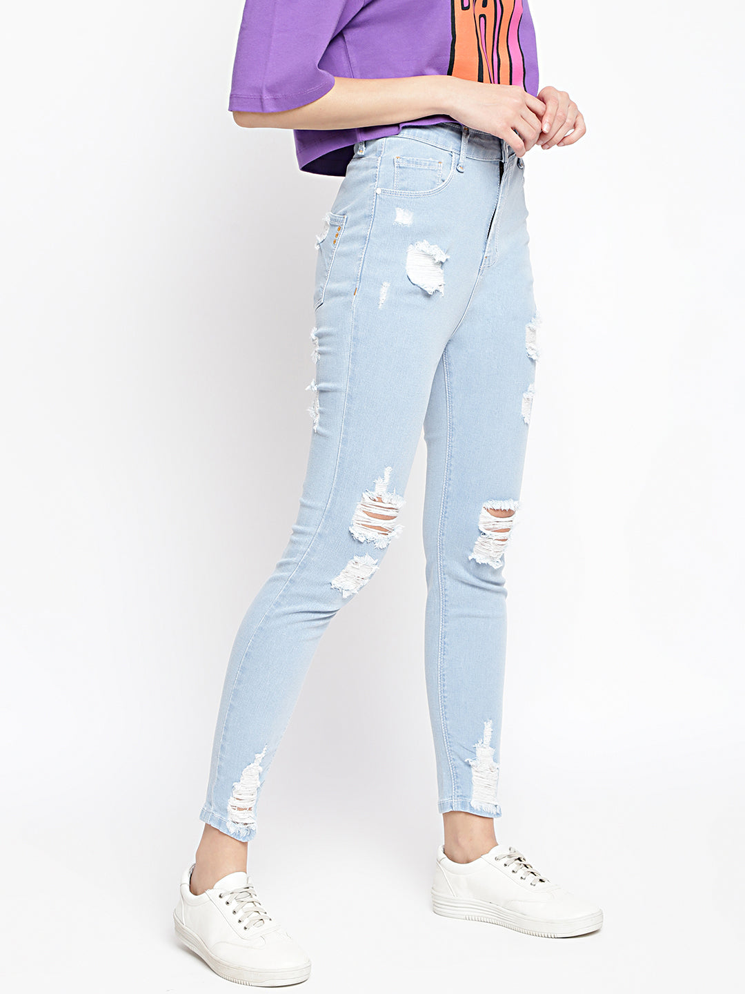 Women High Waist Light Blue Distressed Slim Fit Denim Jeans