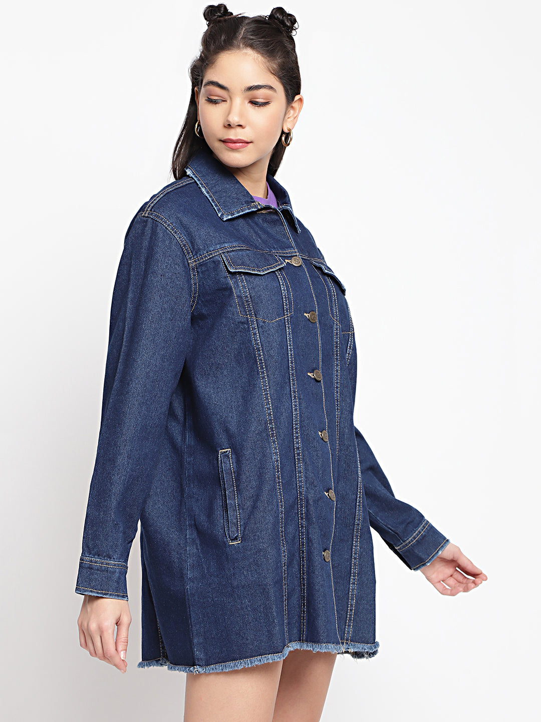 Women Dark Blue Long Denim Jacket With Frey Hem
