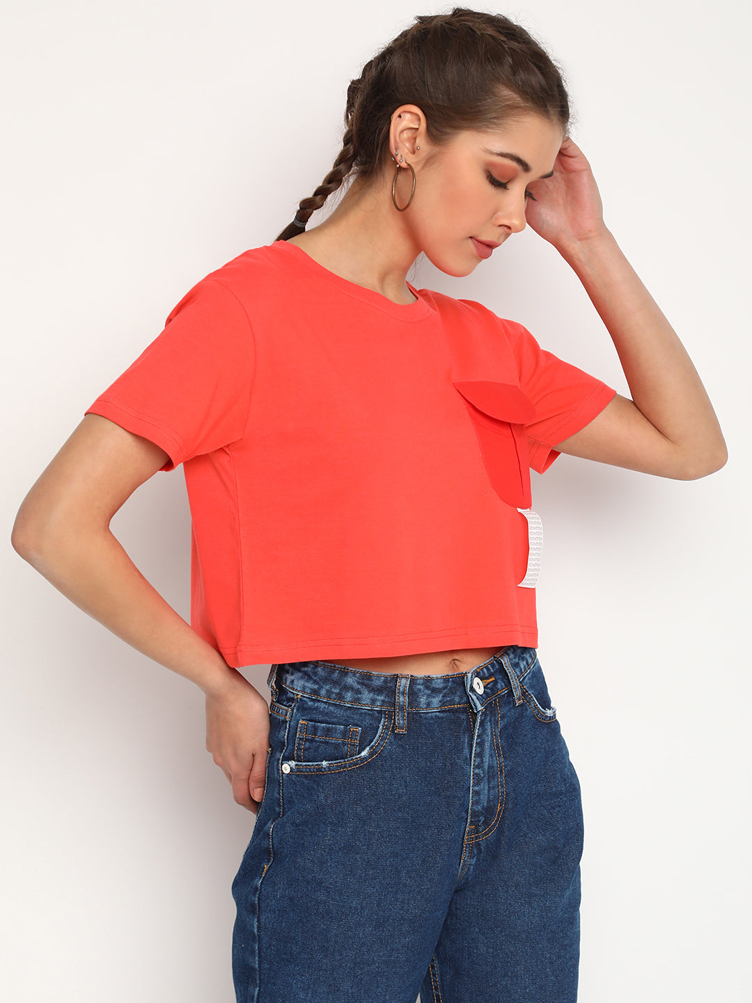 Women Peach Round Pocket Crop Top