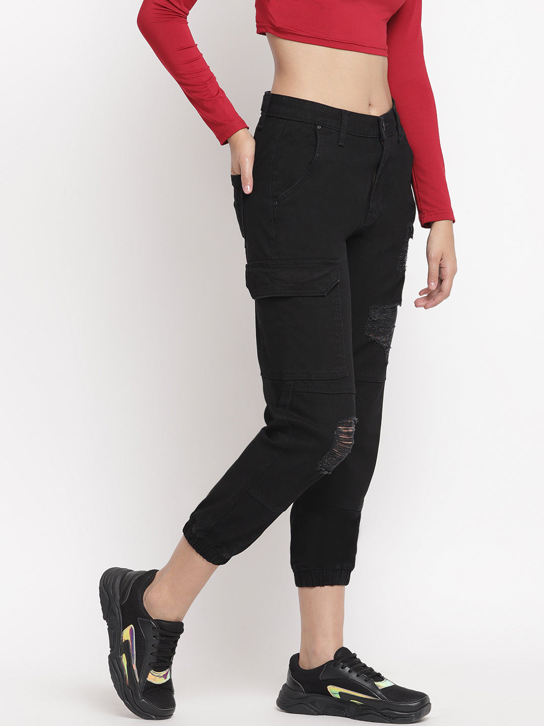 Women Distressed Denim Cargo Joggers