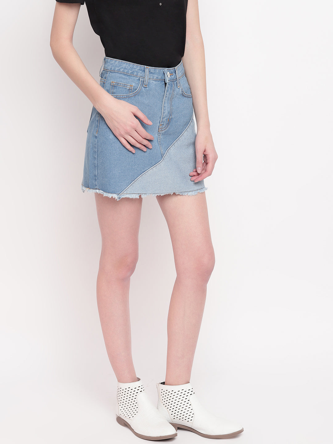 Women Mid Blue Asymmetrical Cut and Sew Skirt