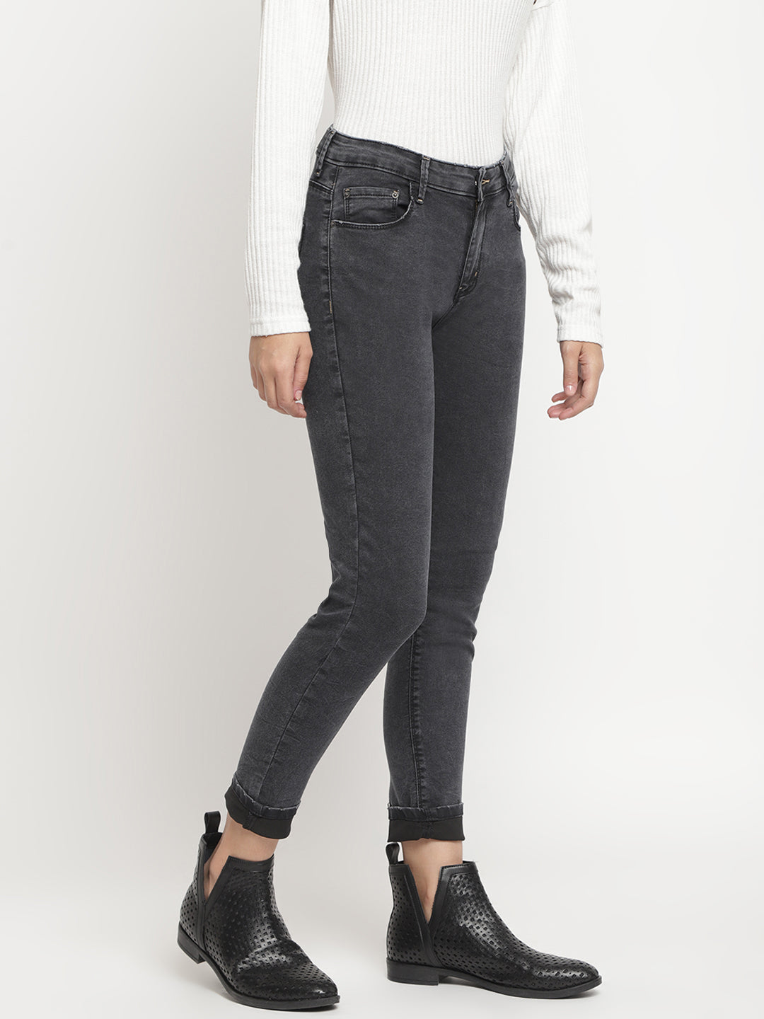 Women Mid Waist Black Slim Fit Denim Jeans