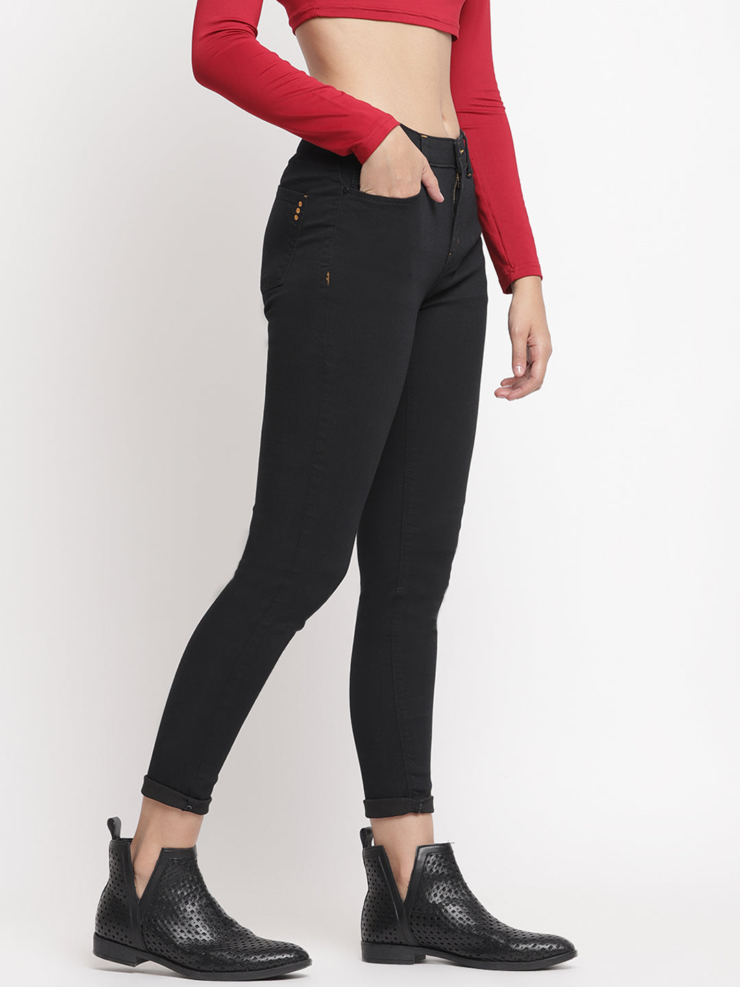 Women Mid Waist Black Super Skinny Jeans