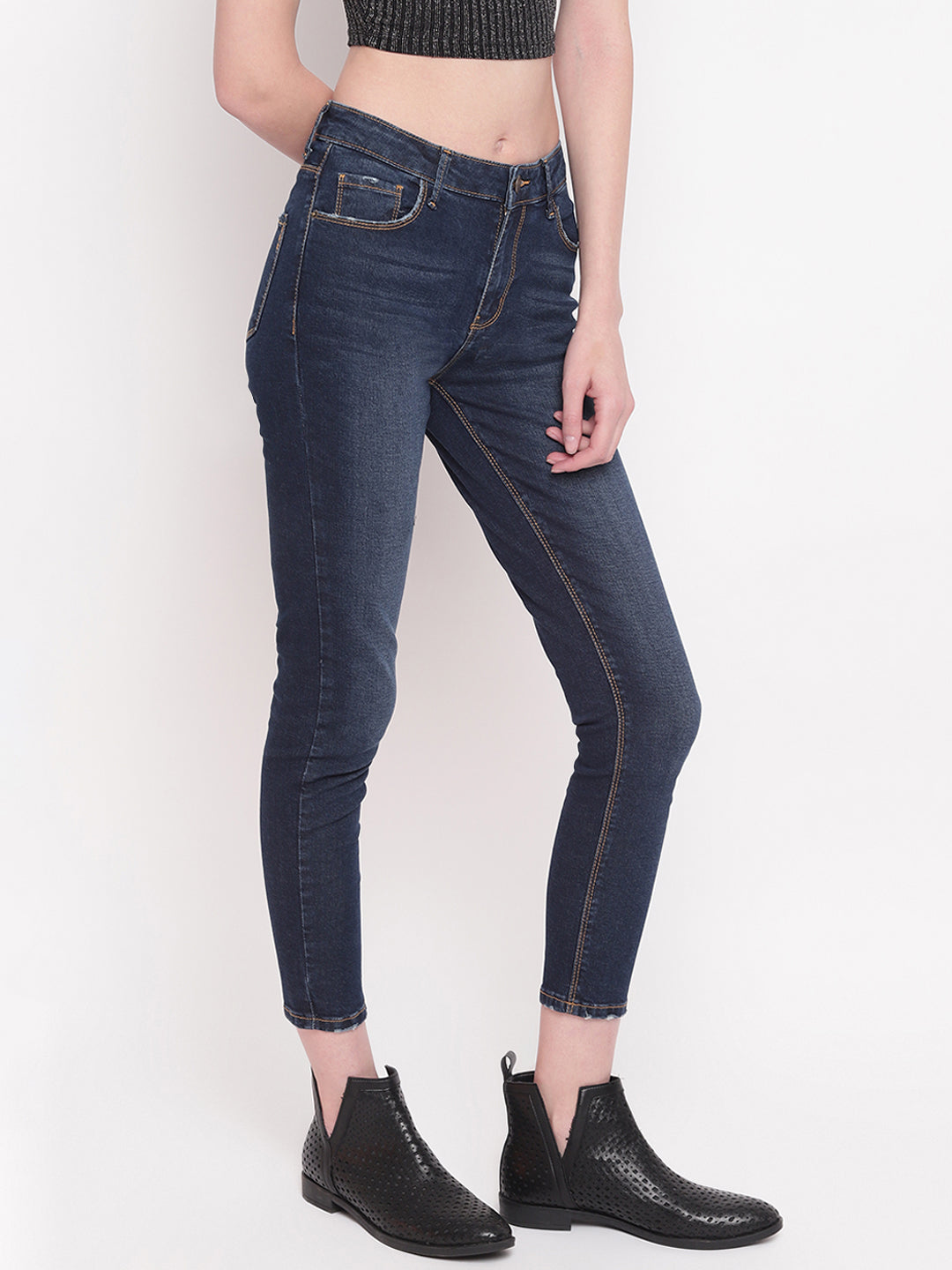 Women Dark Blue Mid Waist Slim Fit Denim Jeans