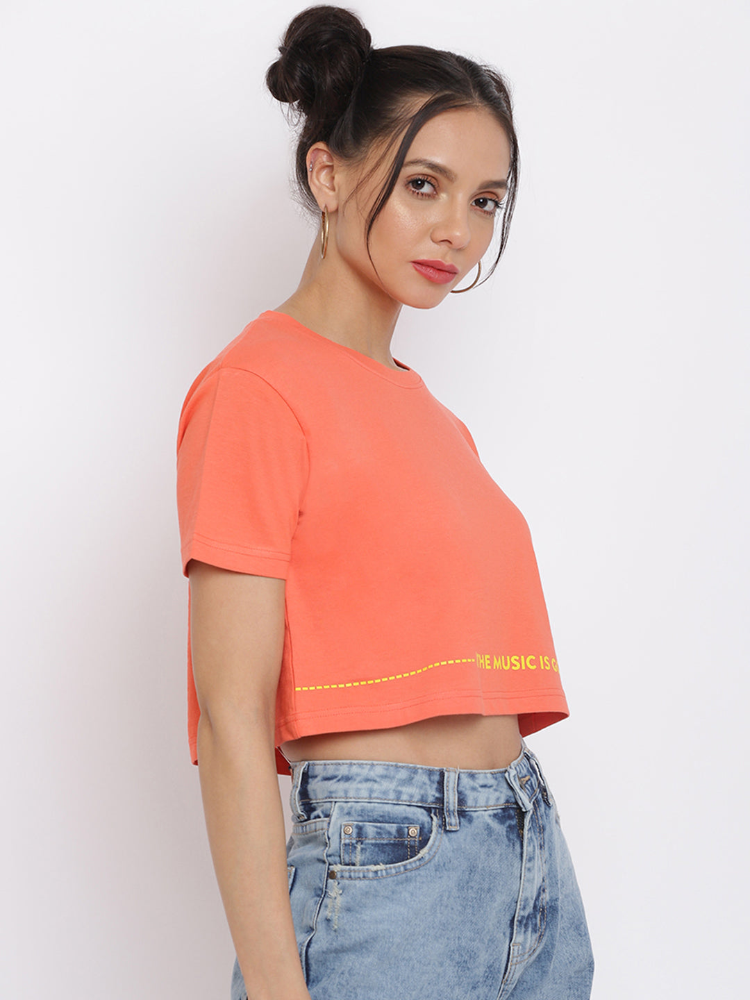 Women Orange Typography Printed Crop Top