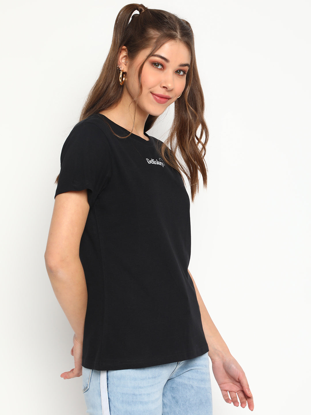 Women Black Cotton T-shirt