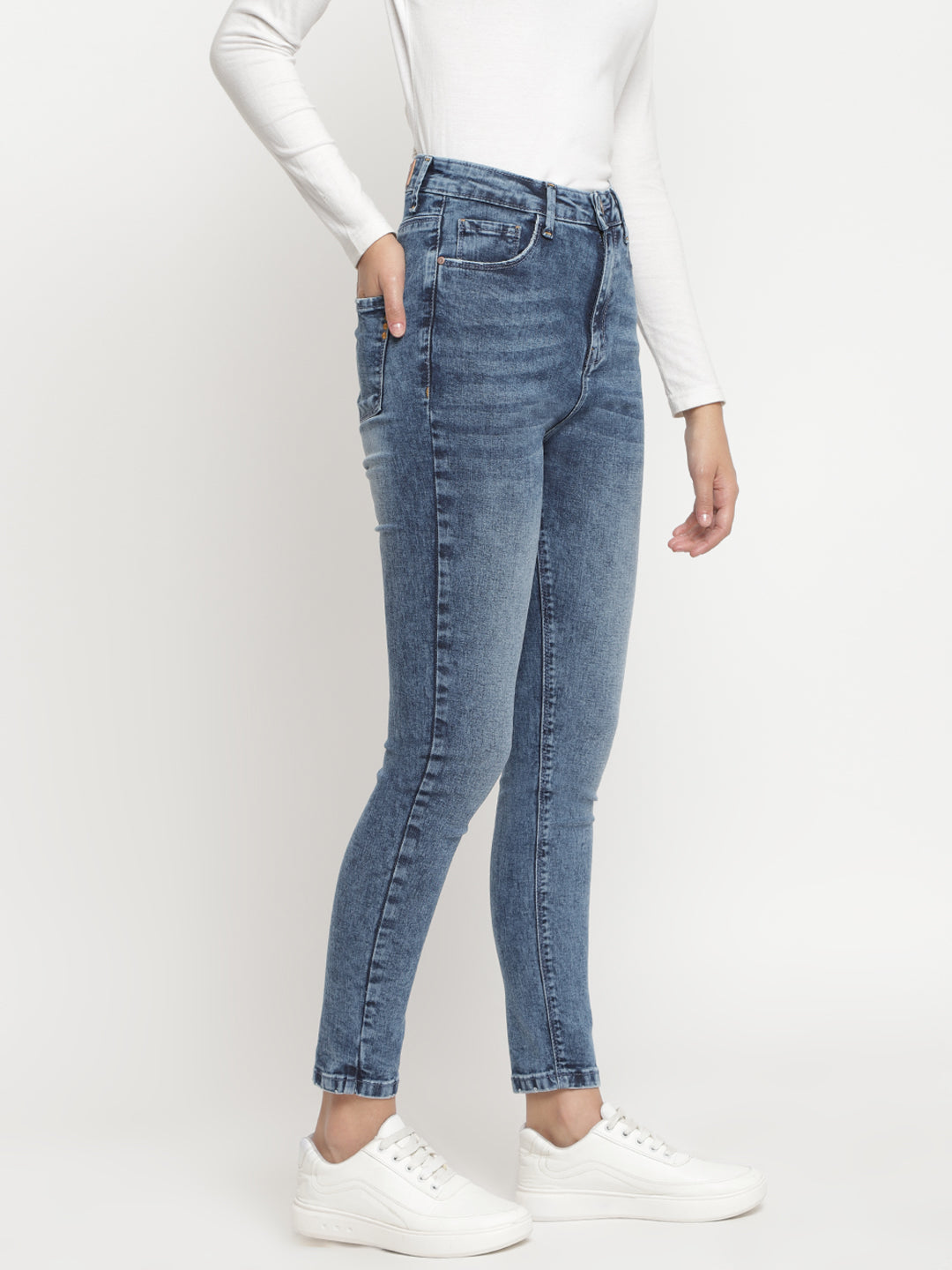 Women High Waist Mid Blue Smokey-Whisker Slim Fit Denim Jeans