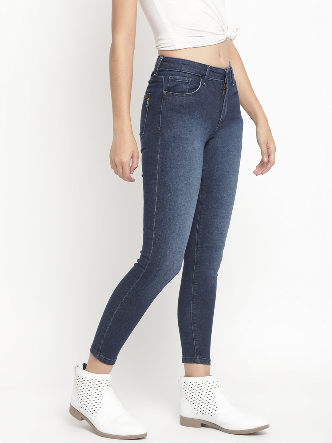 Women Mid Waist Dark Blue Super Skinny Jeans