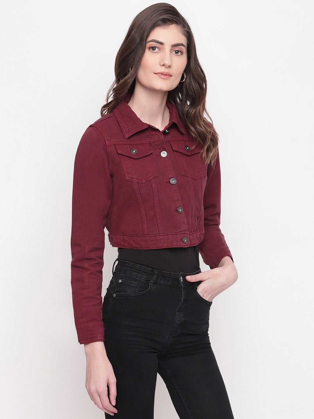 Women Maroon Cropped Denim Jacket