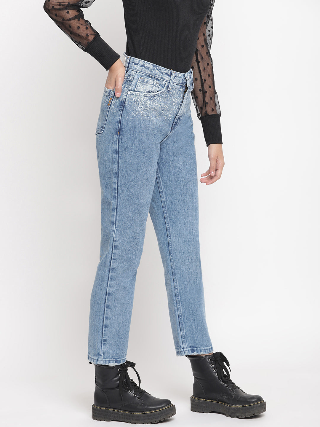 Women Light Blue Distressed Mom Fit Denim Jeans