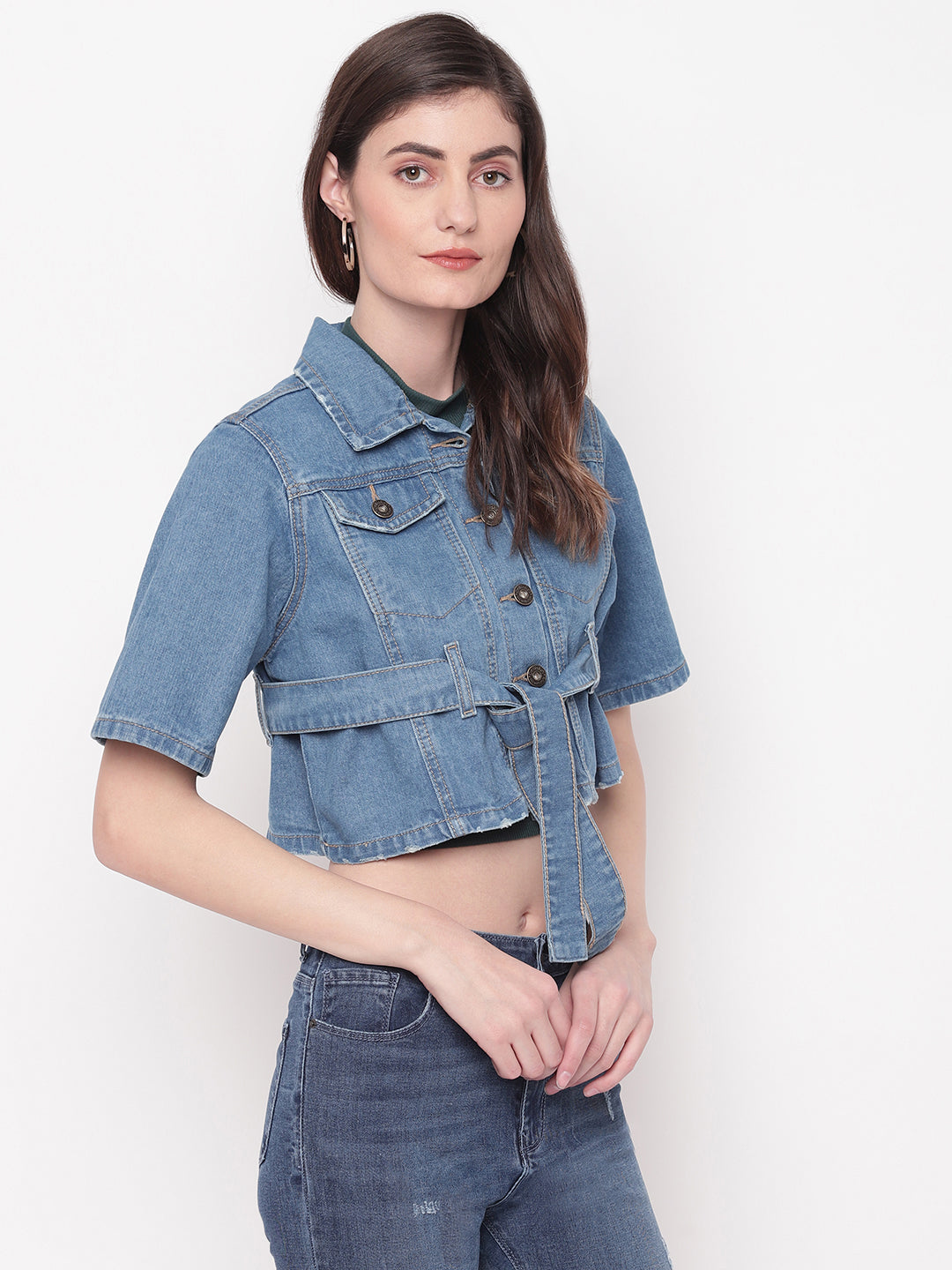 Women Light Blue Cropped Denim Jacket With Belt