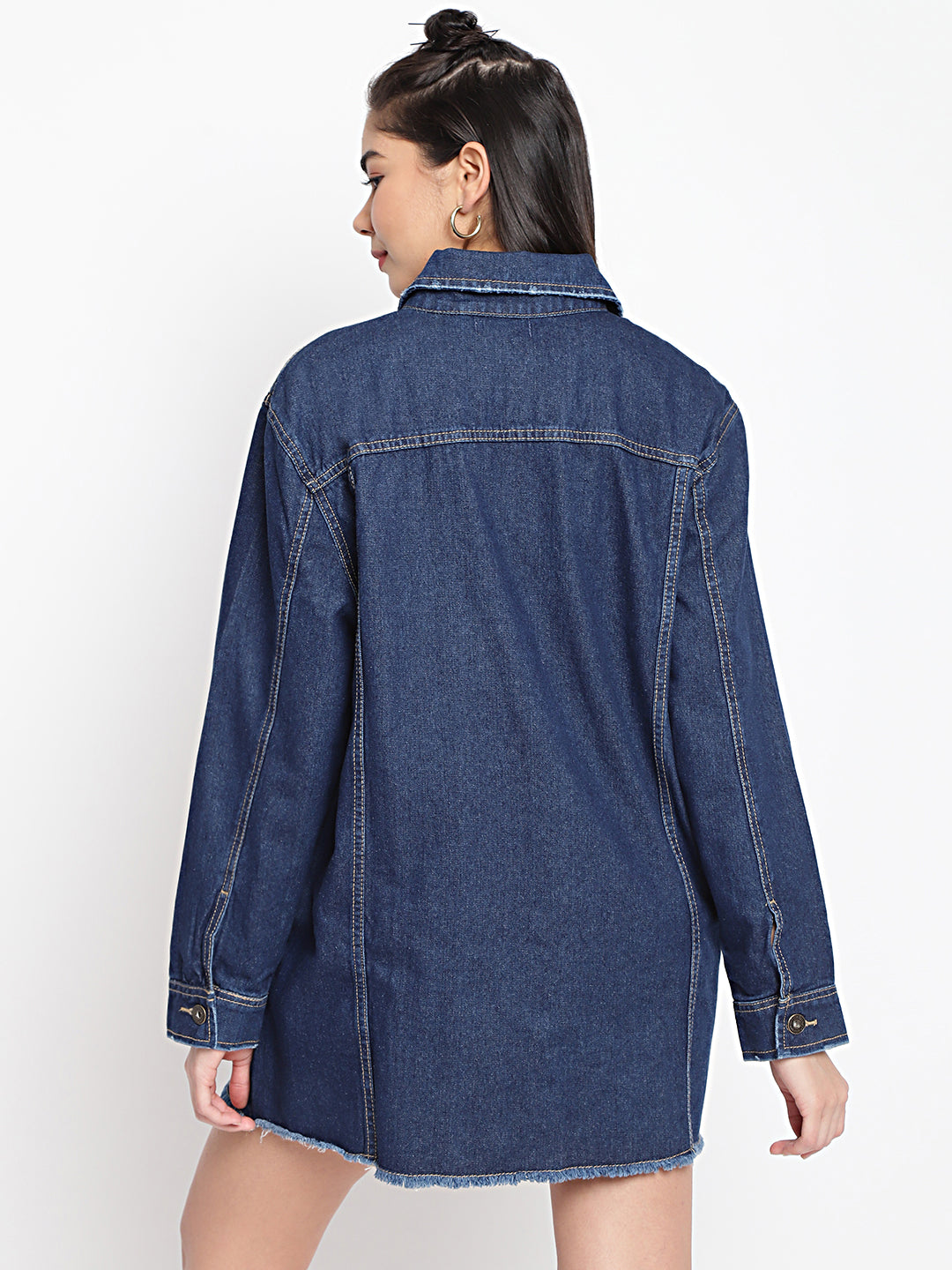 Women Dark Blue Long Denim Jacket With Frey Hem