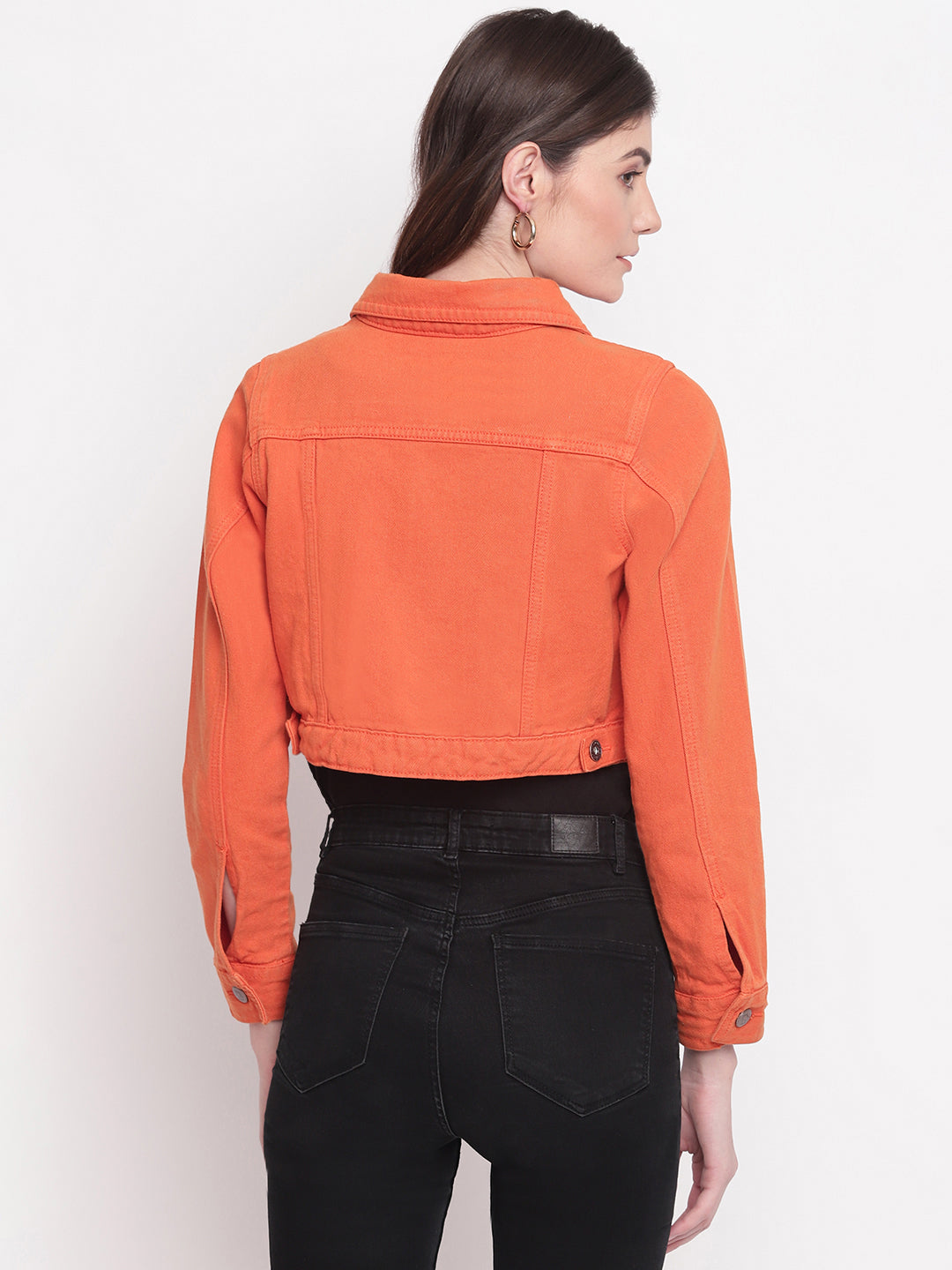 Women Orange Cropped Denim Jacket