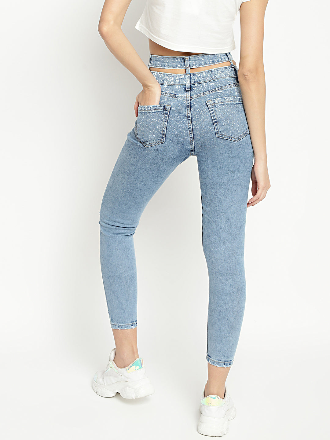 Women Mid Waist Light Blue Belt Detailed Slim Fit Denim Jeans