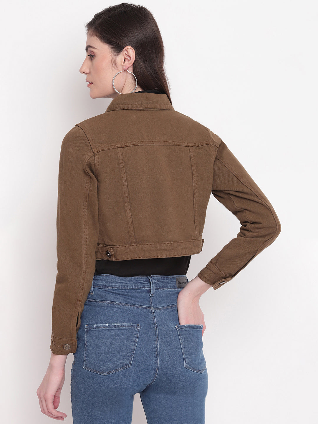 Women Olive Cropped Denim Jacket