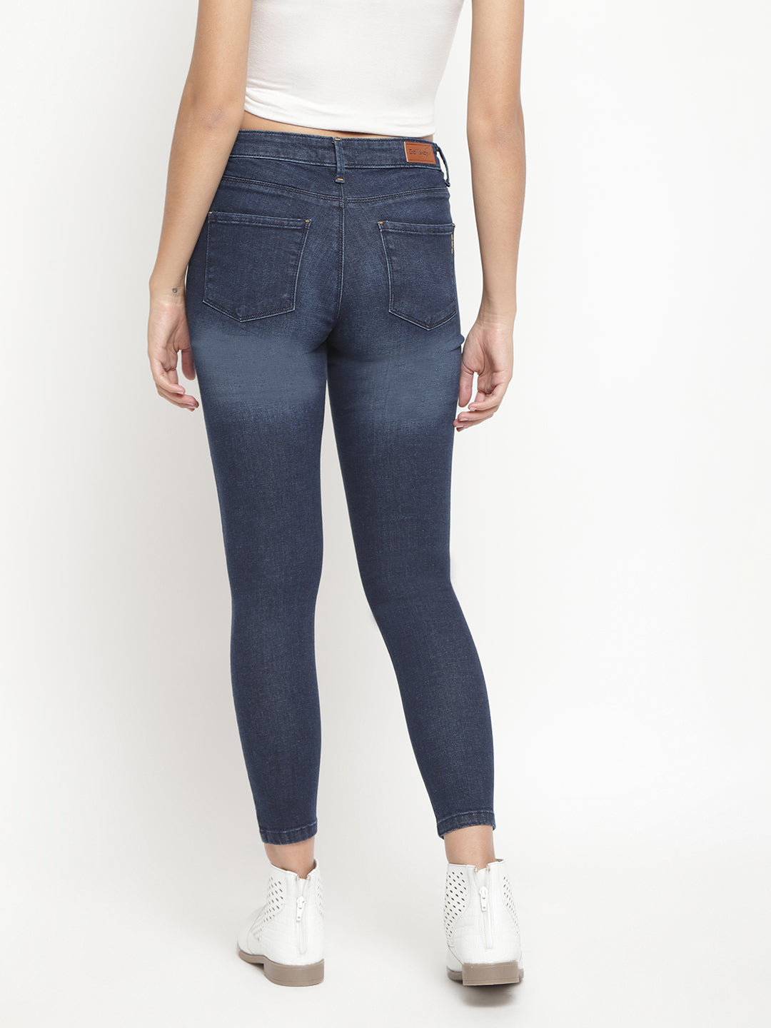 Women Mid Waist Dark Blue Super Skinny Jeans