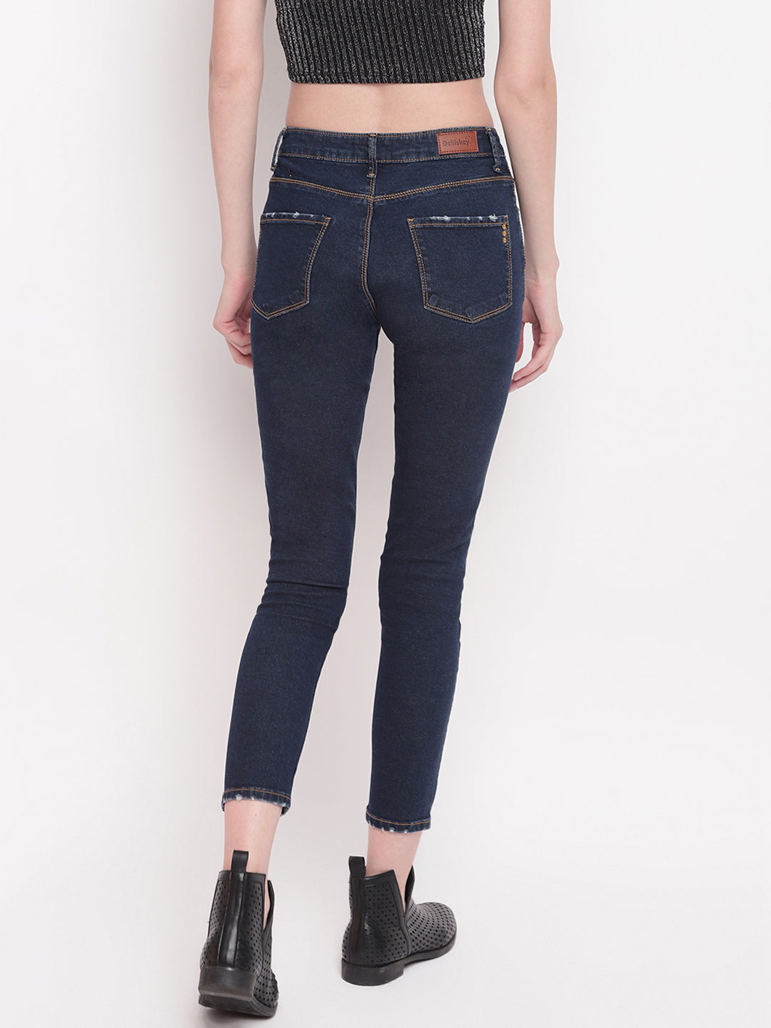 Women Dark Blue Mid Waist Slim Fit Denim Jeans