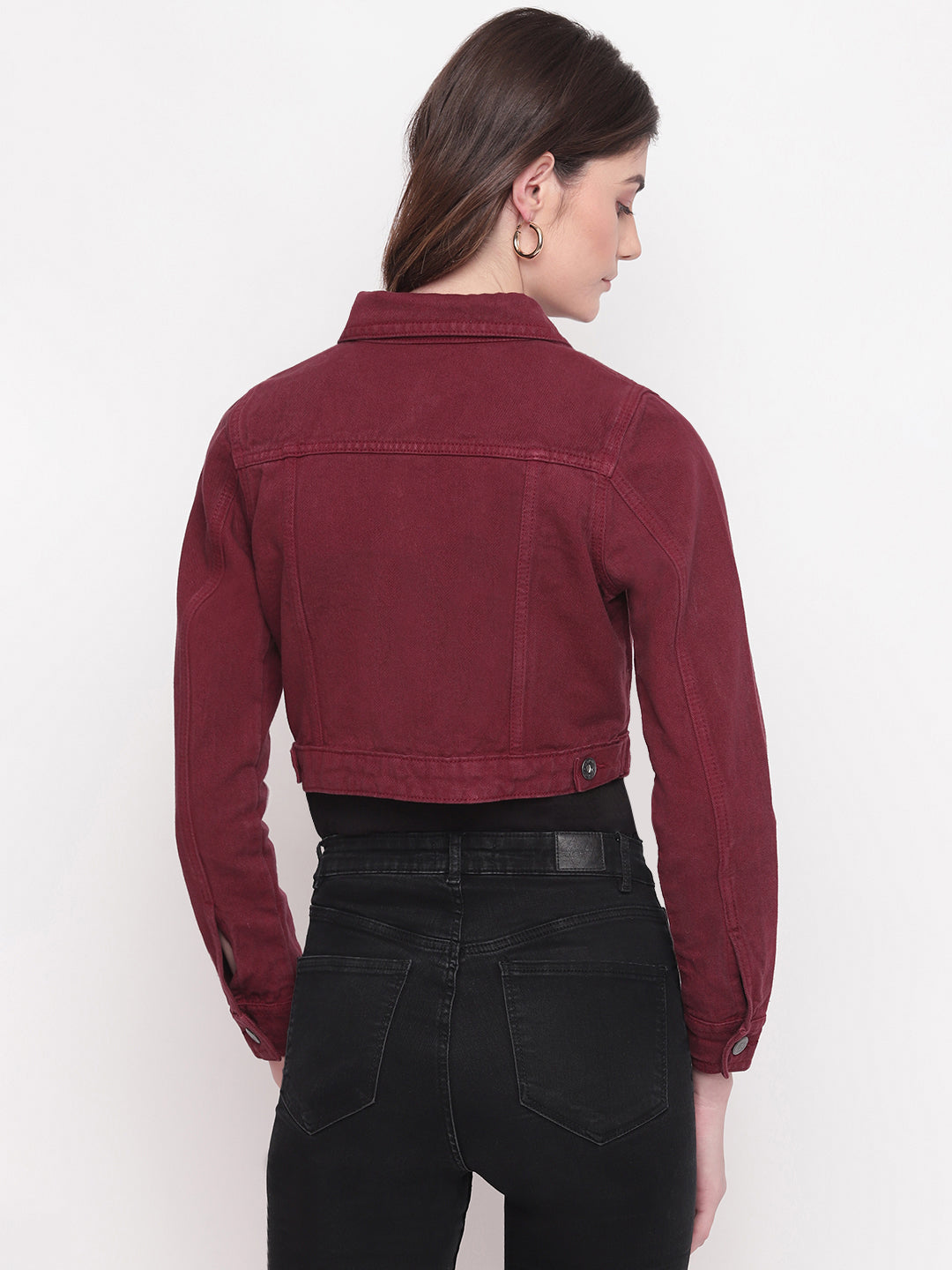 Women Maroon Cropped Denim Jacket