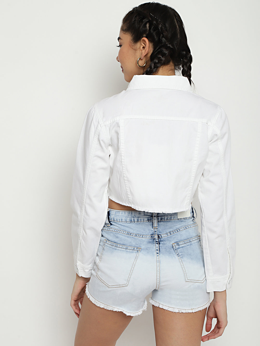 Women White Cropped Denim Jacket With Frey Hem