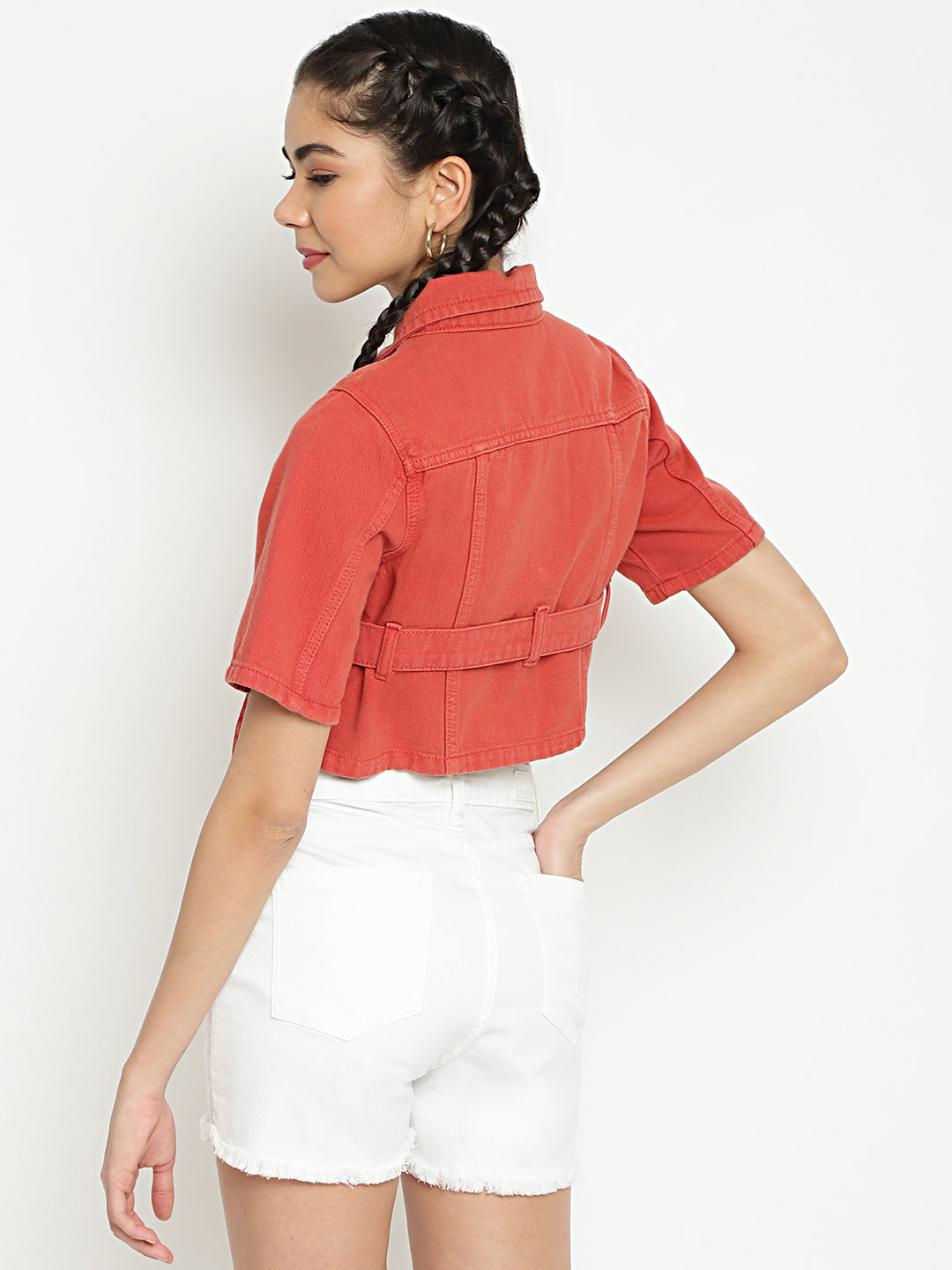 Women Rust Cropped Denim Jacket With Belt