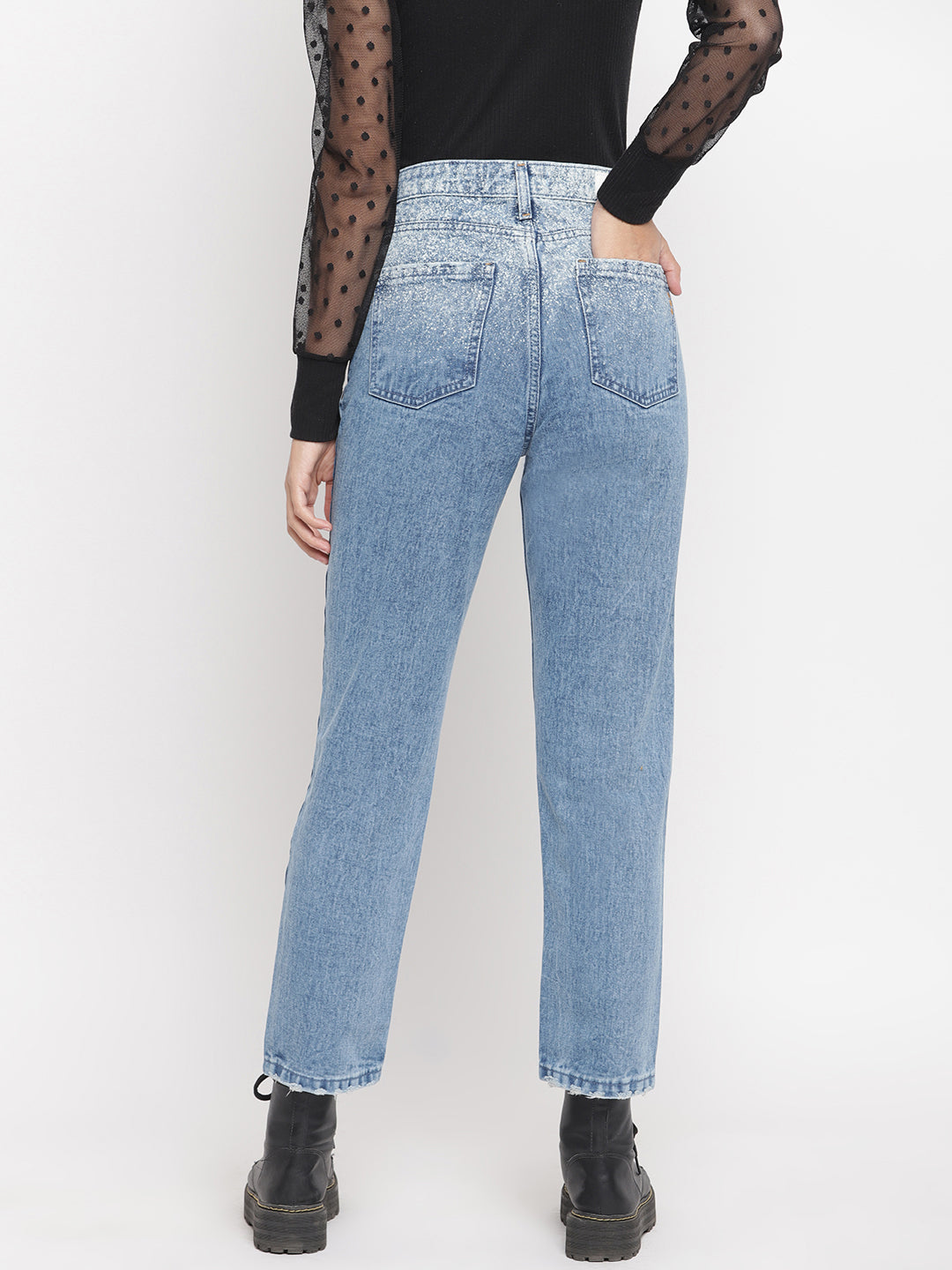 Women Light Blue Distressed Mom Fit Denim Jeans