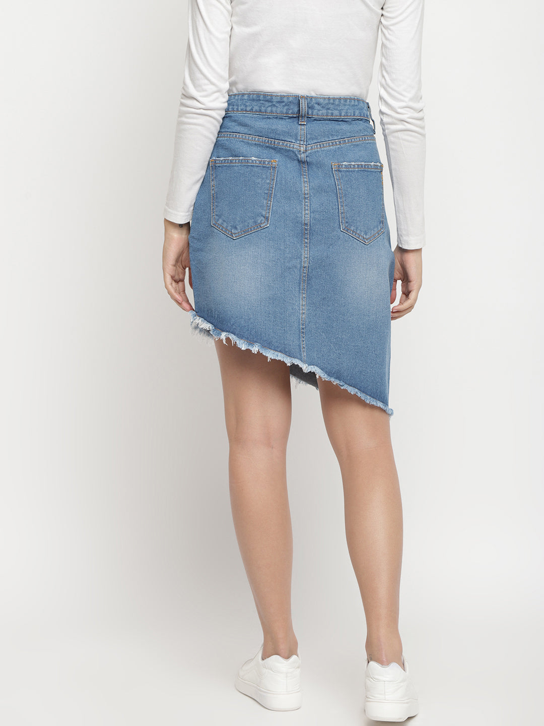Women Mid Blue Basic Back Asymmetrical Skirt