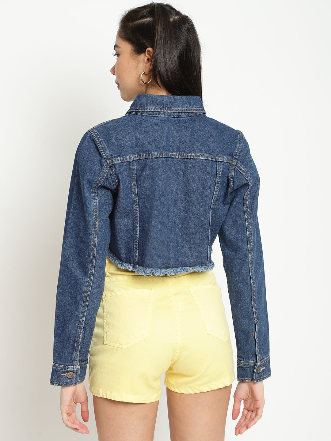 Women Mid Blue Cropped Denim Jacket With Frey Hem