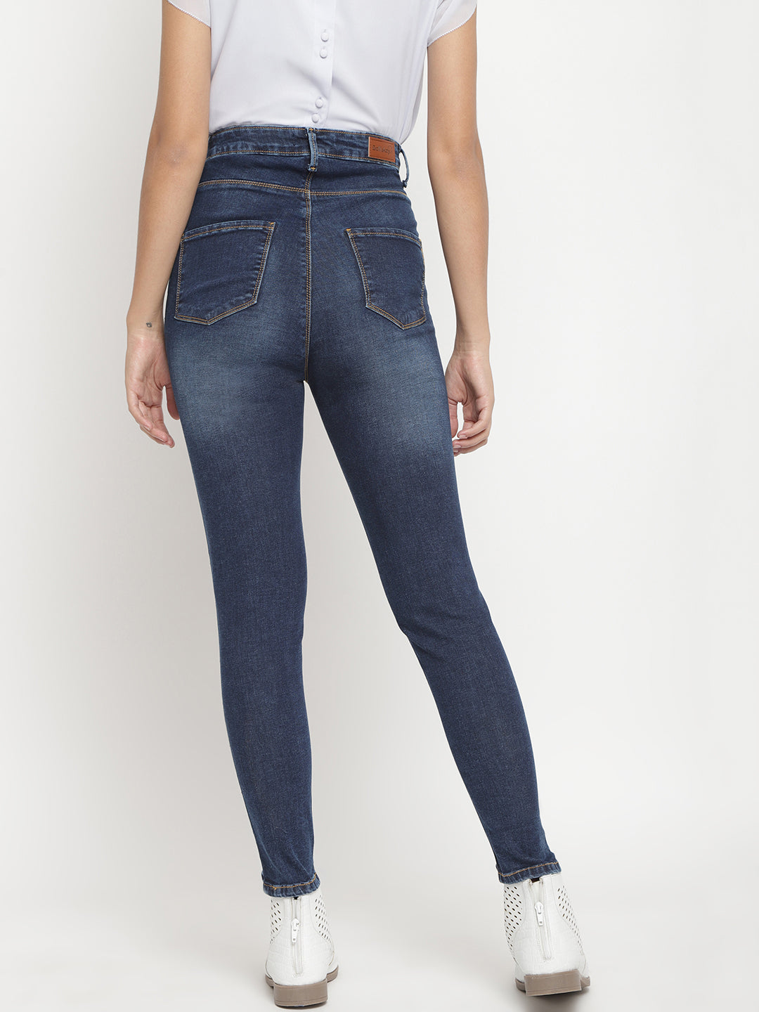 Women Super High Waist Dark Blue Whisker/Pp Spray Super Skinny Denim Jeans