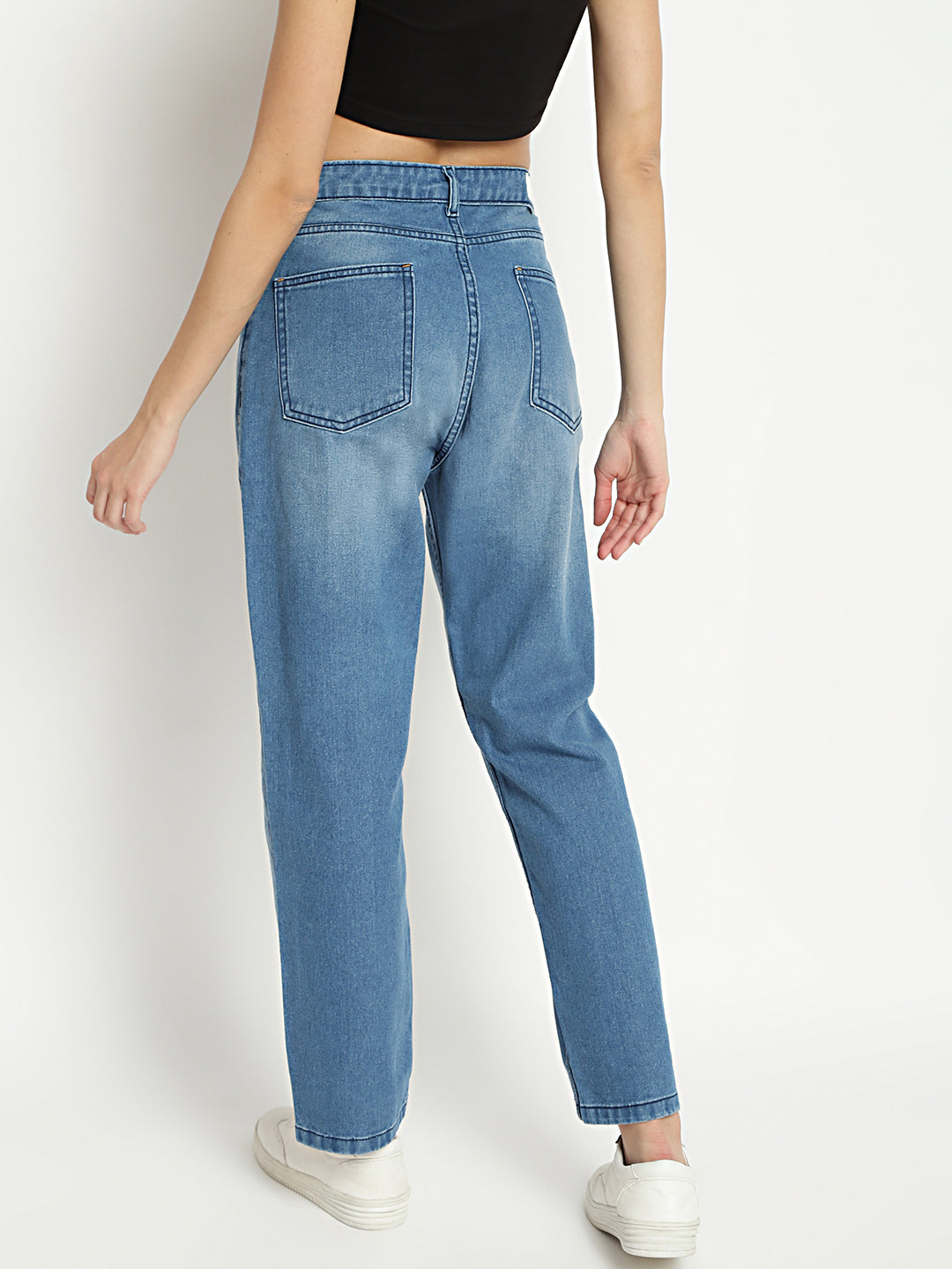 Women High Waist Tape Detail Mid Blue Mom Fit Denim Jeans