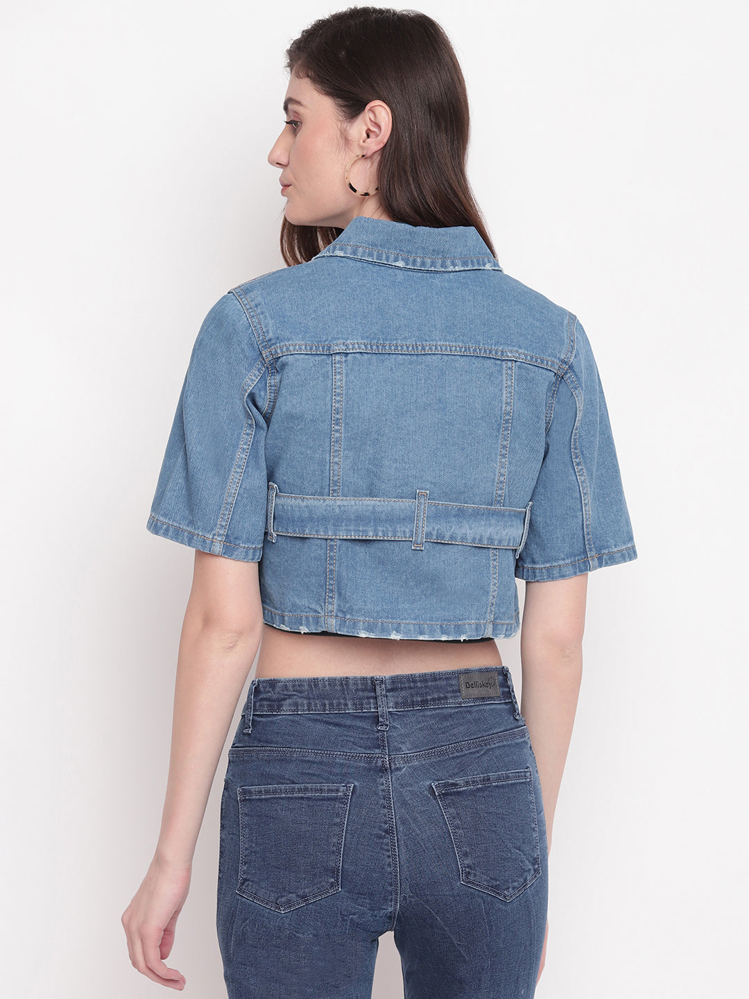 Women Light Blue Cropped Denim Jacket With Belt
