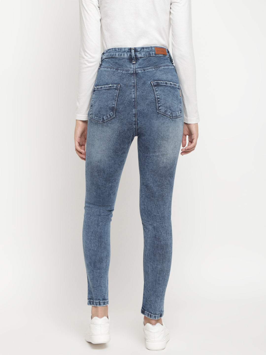 Women High Waist Mid Blue Smokey-Whisker Slim Fit Denim Jeans