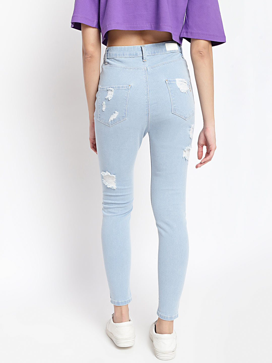 Women High Waist Light Blue Distressed Slim Fit Denim Jeans
