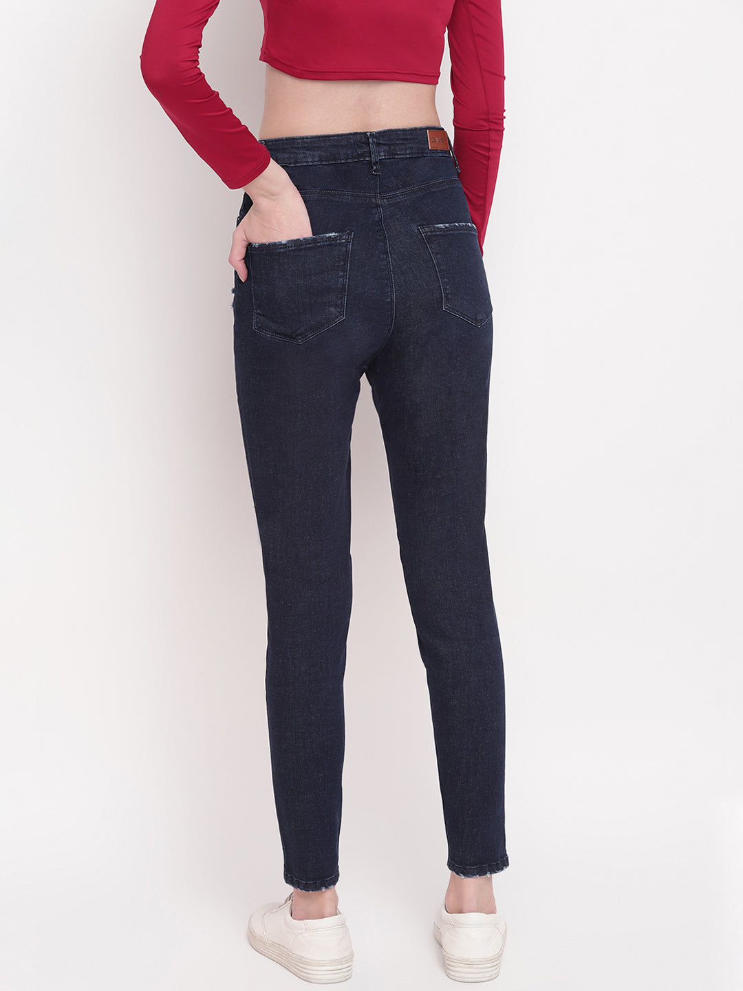 Women Super High Waist Skinny Fit Dark Blue Side Tape Denim Jeans