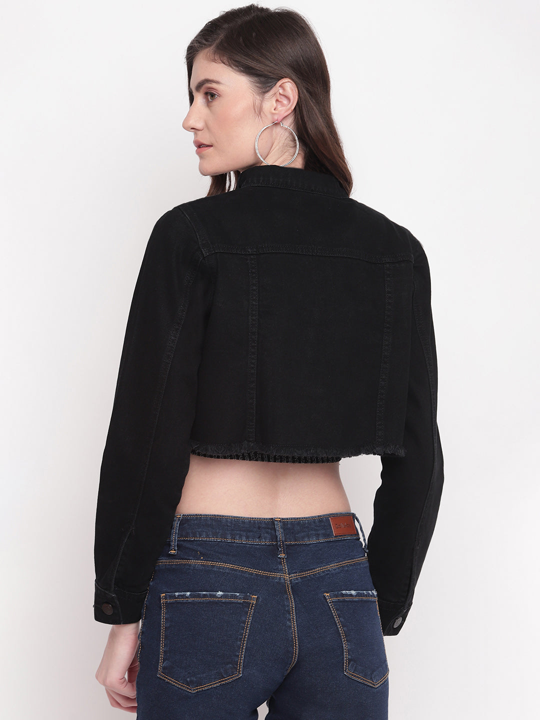 Women Cropped Black Denim Jacket With Frey Hem