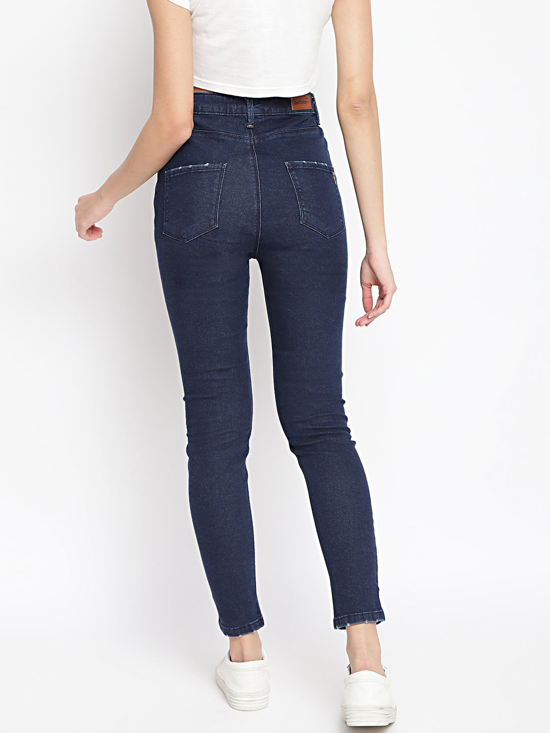 Women High Waist Dark Blue Distressed Slim Fit Denim Jeans