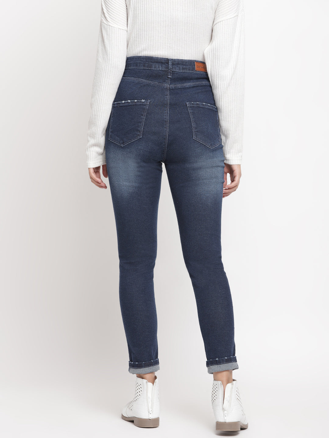 Women High Waist Dark Blue Whisker Slim Fit Denim Jeans