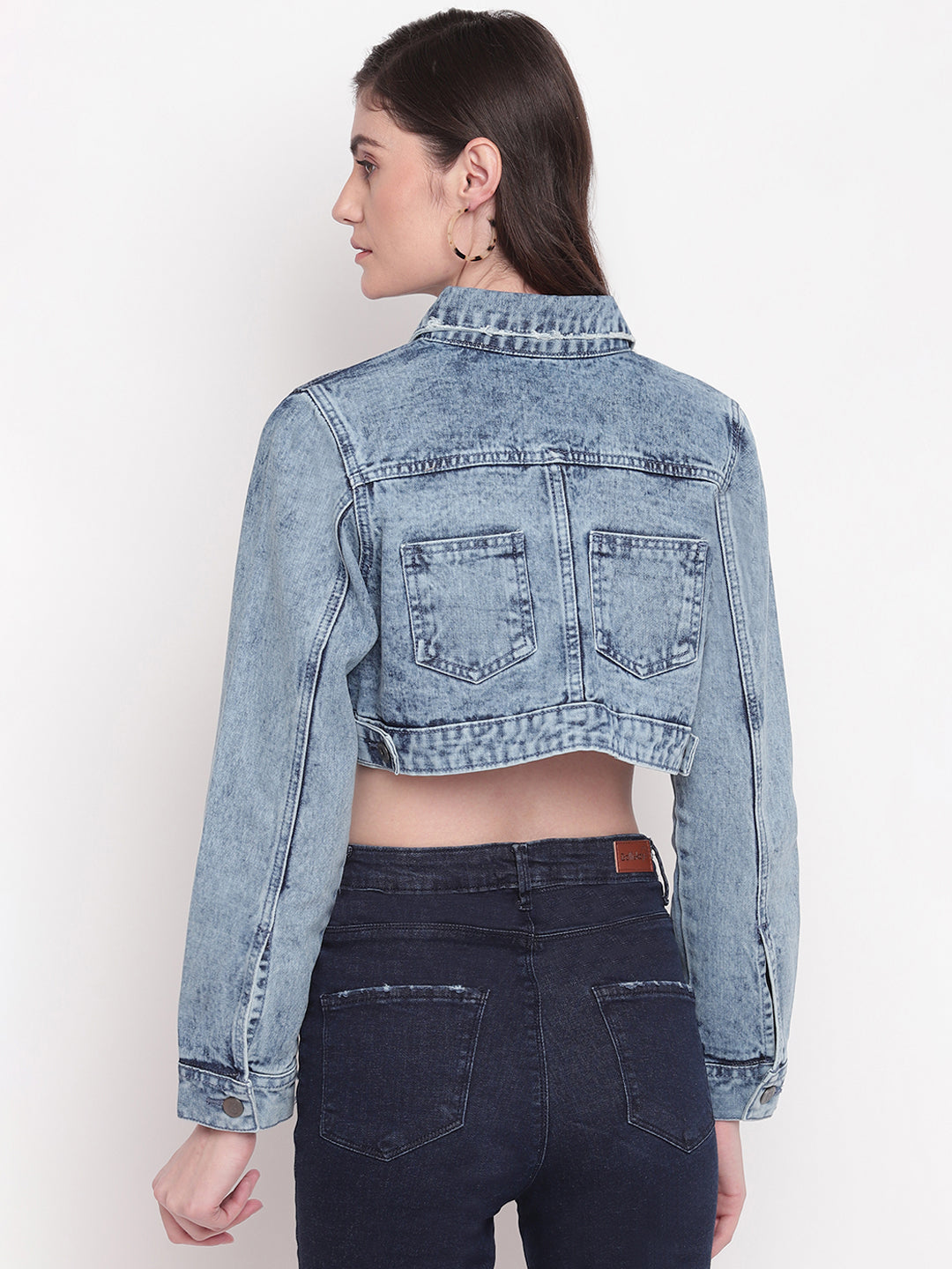 Women Mid Blue Cropped Patched Denim Jacket